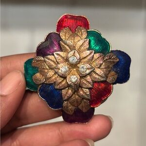 Vintage Large Colorful Enamel, Gold Tone Leaves &